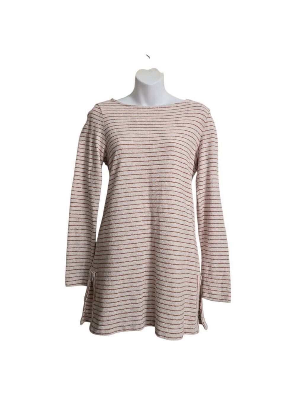 J. Jill Cotton Striped Long Sleeve Tunic Sweater in Oatmeal & Ginger Sz S